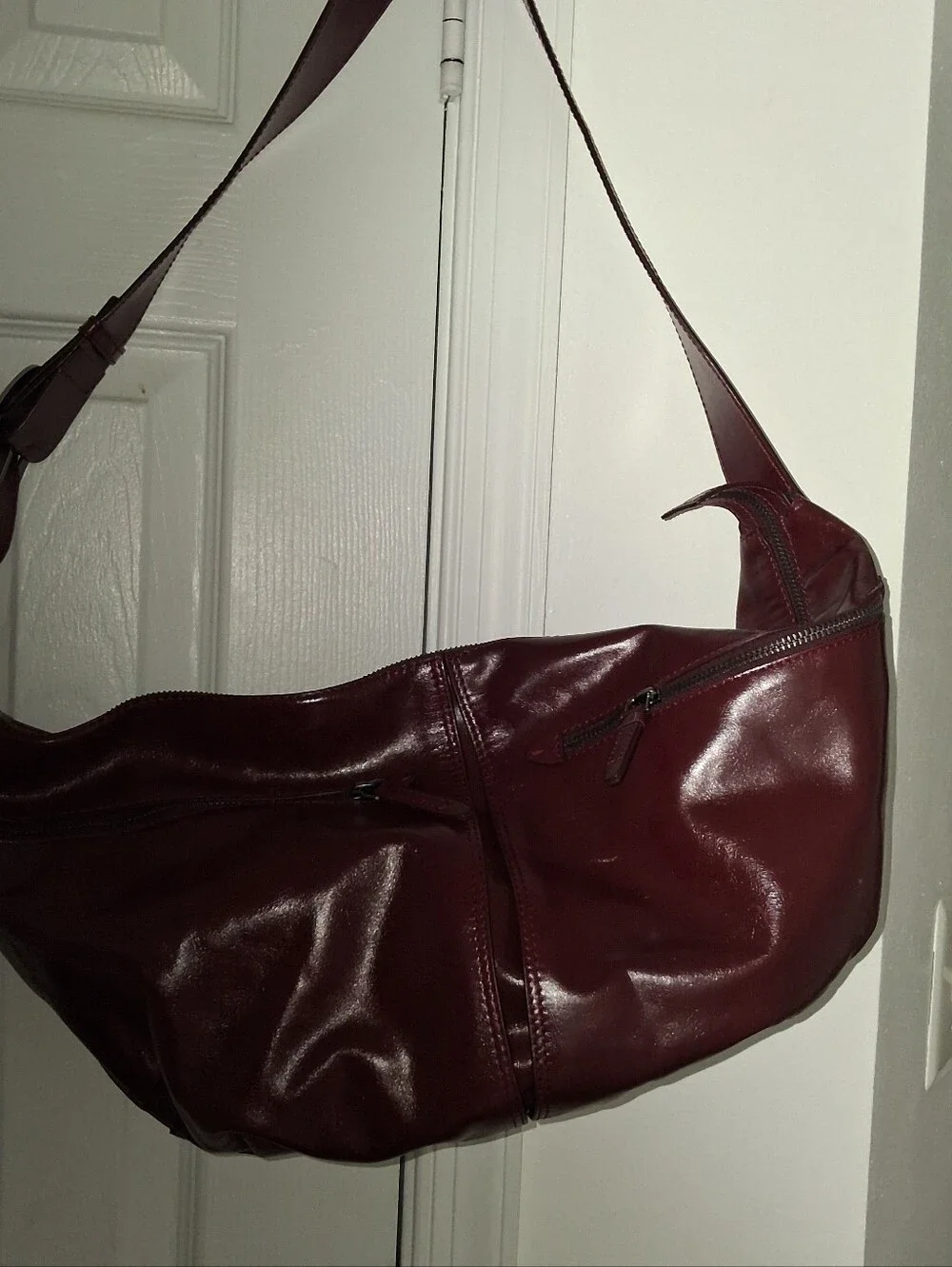 ZARA Large Burgundy Leather Crescent Shoulder Bag Double Buckle Strap Zip  close